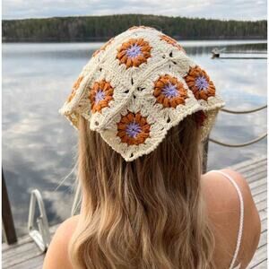 Handmade Upcycled Granny Square Hippie chic Bandana Vintage lace trim Purple‎